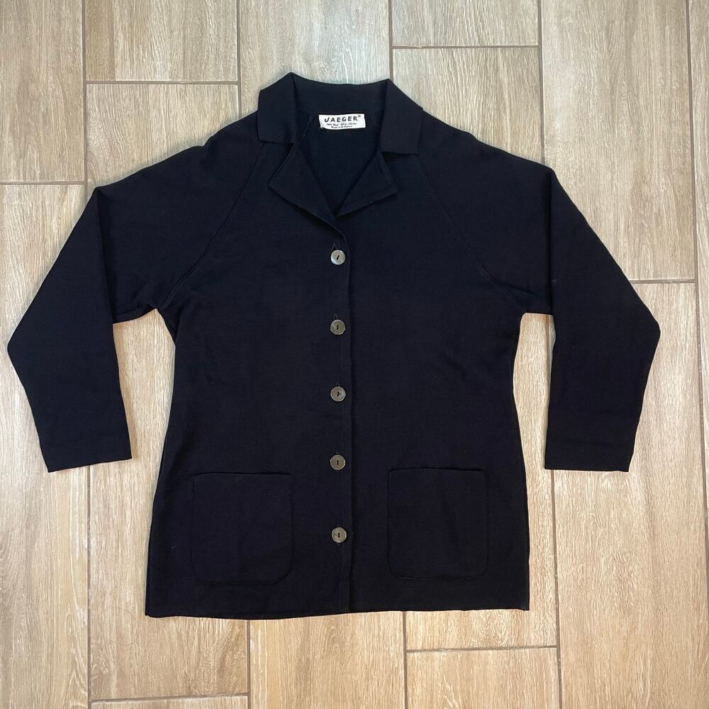 Jaeger 100% Wool Button Front Cardigan Sweater Black Made in Great Britain
